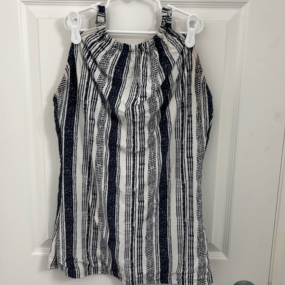 BOGO: DownEast Striped High Neck Tankini Top Navy/white Size L or XL